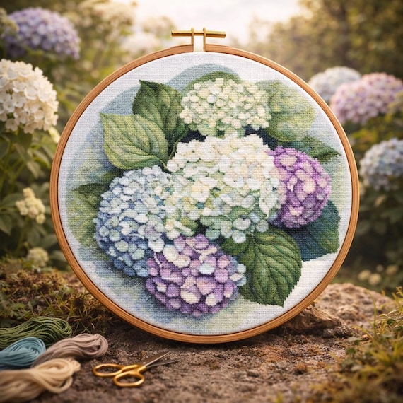 Hydrangea Floral Cross Stitch Pattern: Vintage Garden Design (PDF)