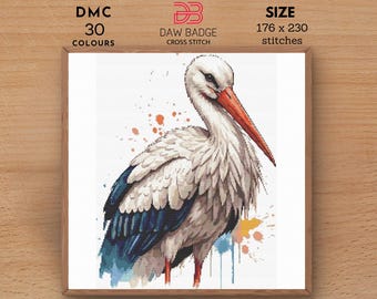 Stork Watercolor Cross Stitch Pattern: Bird Embroidery Design (PDF)