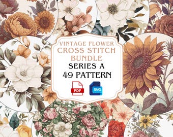 Paquete de patrones de punto de cruz de flores vintage: Conjunto de bordado floral (PDF/SVG) Serie A