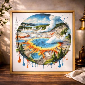 May include: A framed print depicting a colorful landscape with a blue hot spring, orange and yellow mineral deposits, and green trees. The artwork is set in a gold frame and features a circular design with a detailed, textured appearance.