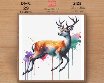 Modèle de point de croix aquarelle cerf : tableau de broderie animale (PDF)