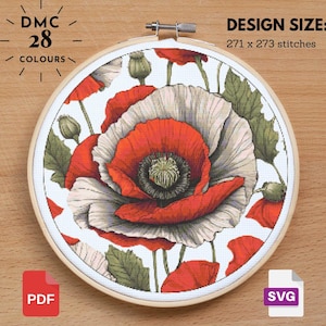 Red Poppy Cross Stitch Poppy Pattern, Flower Pattern, Floral Cross Stitch, Garden Nature Cross Stitch, Floral xstitch, Diy Cross Stitch
