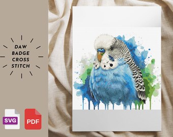 セキセイインコのクロスステッチパターン：水彩画風の鳥の刺繍（PDF