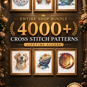 Könnte beinhalten: Werbung für ein Kreuzstichmuster-Bundle. Das Bild zeigt gerahmte Kunstdrucke eines Schneeflocken-Designs, eines Hundes und einer Landschaft. Der Text lautet "GESAMTES SHOP-BUNDLE 4000+ KREUZSTICHMUSTER LEBENSLANGER ZUGANG".