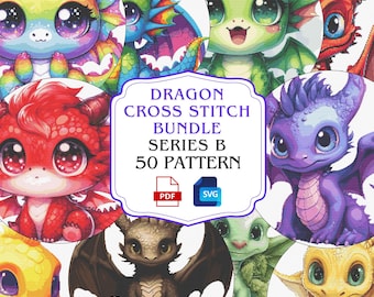Baby Dragon Cross Stitch Pattern Bundle: Fantasy Embroidery (PDF/SVG) Series B