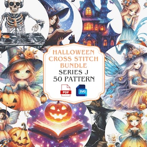 Könnte beinhalten: Ein digitales Kunstpaket mit Halloween-Themen-Kreuzstichmustern. Das Bild enthält Illustrationen von Feen, einem Spukhaus, einem Skelett-DJ und einer Hexe, die ein Buch liest. Der Text lautet "Halloween Cross Stitch Bundle Series J 50 Pattern."