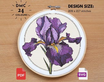 Schema per punto croce Iris viola: design floreale vintage (PDF, SVG)