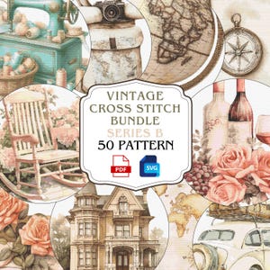 Zestaw wzorów do haftu krzyżykowego Vintage w formacie PDF, projekt próbnika liczonego, zestaw do haftu, pakiet wykresów ściegów, zestaw do haftu krzyżykowego i wzór, seria B
