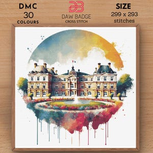 Luxembourg Palace Famous Country City Travel Cross Stitch Pattern, Watercolor Famous Landmarks Landscape Historical Embroidery Pattern