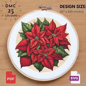 Christmas Poinsettia Cross Stitch, Stitching Christmas, Christmas xstitch, Xmas Cross Stitch, Christmas Sampler, Christmas Decoration, PDF