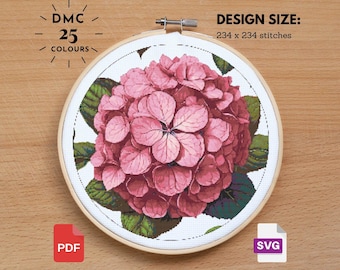 Pink Hydrangea Flower Cross Stitch Pattern: Floral Garden (PDF, SVG)