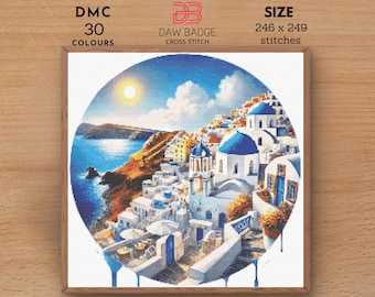 Santorini Cross Stitch Pattern: Watercolor Greek Island Landscape (PDF Pattern)