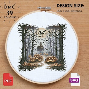 May include: Cross-stitch design featuring a Halloween scene with a path lined with jack-o'-lanterns leading to a haunted castle. The design includes trees, bats, and a full moon. The design size is 300 x 292 stitches.