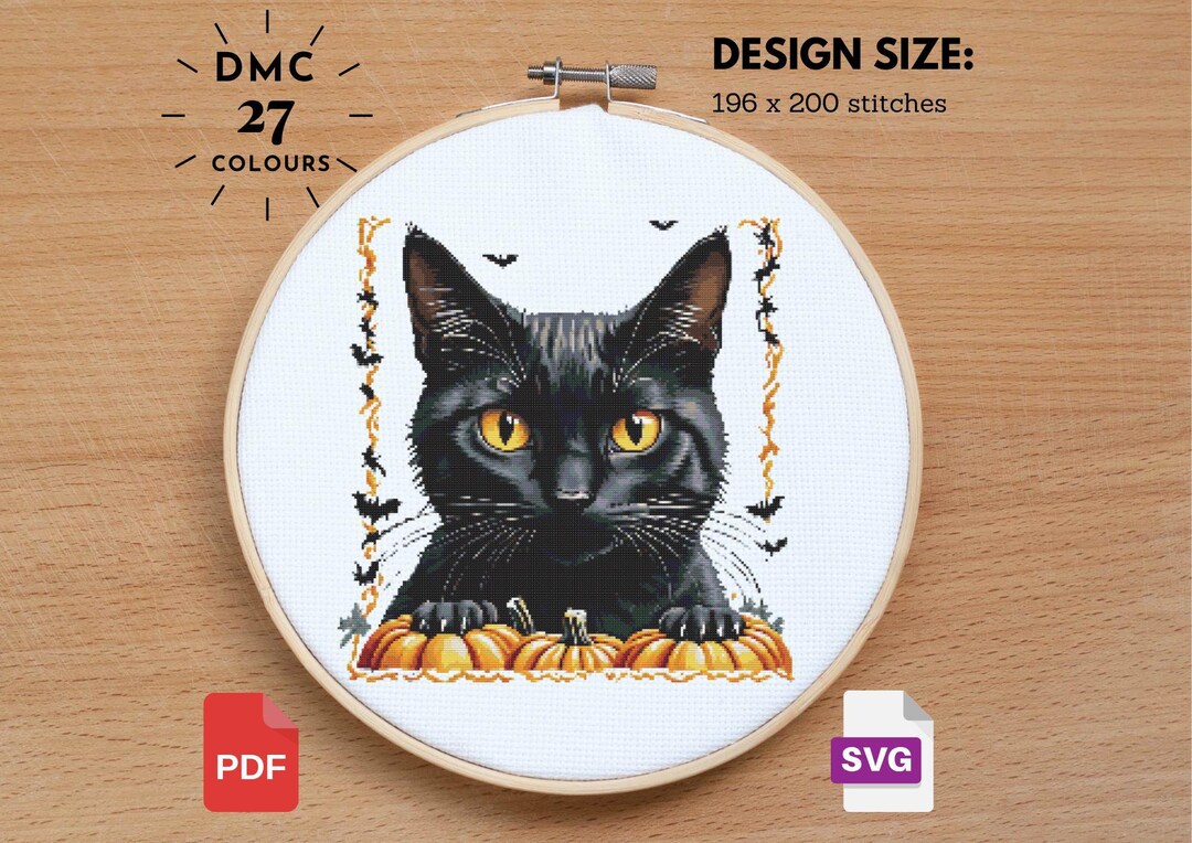 Halloween Black Cat Cross Stitch Pattern: Spooky Pumpkin Design (PDF ...