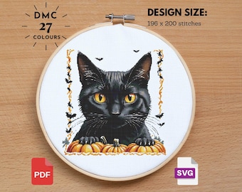Halloween Black Cat Cross Stitch Pattern: Spooky Pumpkin Design (PDF)