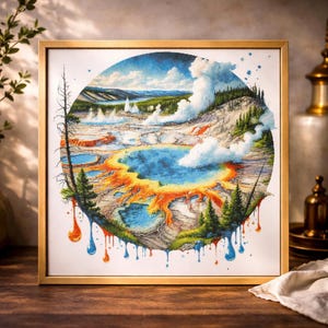 Yellowstone Grand Prismatic Spring Cross Stitch Pattern: Landscape Embroidery (PDF)
