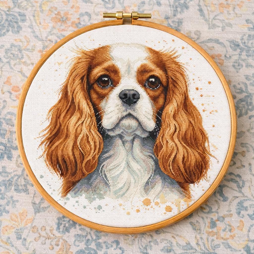 キャバリア・キング・ドッグのクロスステッチ図案：水彩画風動物刺繍