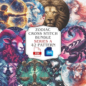 May include: A selection of colourful zodiac-themed cross-stitch patterns. The image shows illustrations of astrological signs such as Aries, Leo, and Scorpio, with the text "Zodiac Cross Stitch Bundle Series A 42 Pattern". Includes PDF and SVG files.
