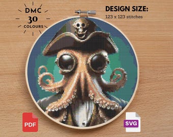 Pirate Octopus Cross Stitch Pattern: Sea Creature Watercolor (PDF)