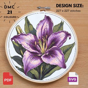 Purple Lily Cross Stitch  Lily Pattern, Flower Pattern, Floral Cross Stitch, Garden Nature Cross Stitch, Flower xstitch, Diy Cross Stitch