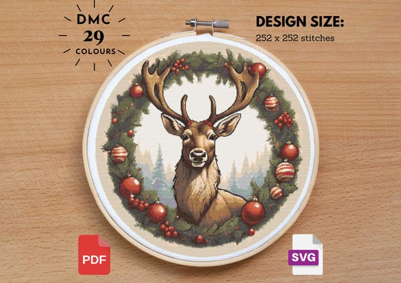 クリスマスのトナカイのクロスステッチパターン：ホリデーサンプラー