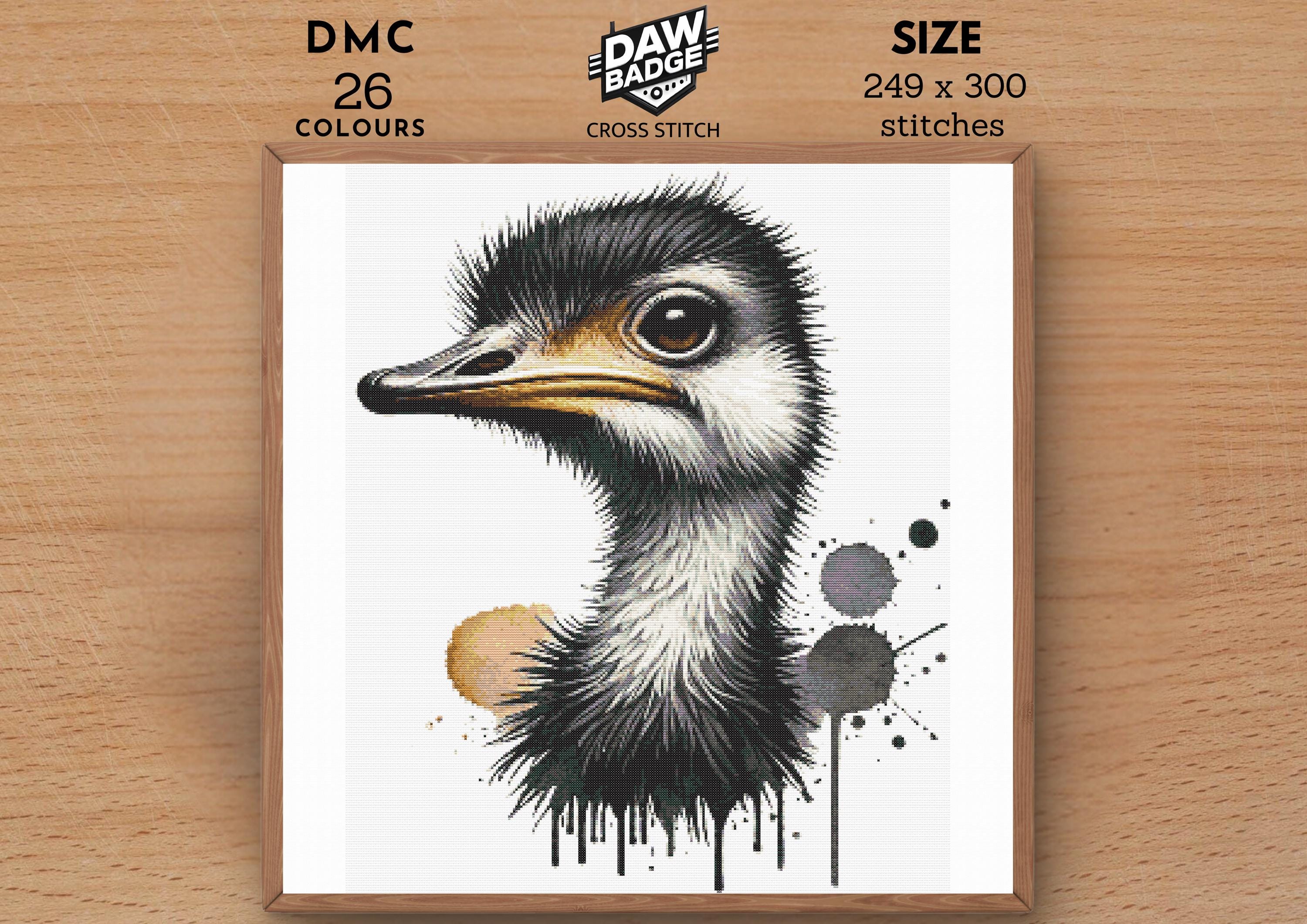 ダチョウの水彩クロスステッチパターン：動物刺繍プロジェクト（PDF