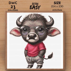 Cute Buffalo Animals Modern Counted Easy Cross Stitch Pattern, Animal Embroidery Cross Stitch Chart Stitching Template