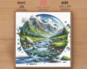 Mountain Stream Digital Landscape Nature Spring Mountain Sea Lake Cross Stitch Pattern PDF, Mountain Nature Spring Landscape Embroidery