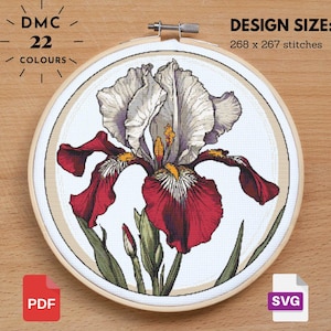 May include: A cross-stitch pattern of a white and red iris flower on a white background. The pattern is displayed on a wooden embroidery hoop. The design size is 268 x 267 stitches. The pattern is available in PDF and SVG formats.