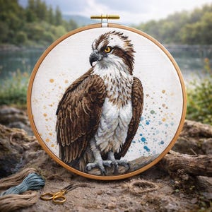 Op de afbeelding: Een gedetailleerde kruissteekborduurwerk van een visarend, geplaatst in een houten hoepel. De vogel heeft bruine en witte veren, met gele ogen. De achtergrond bevat kleurspatten in aquarel.