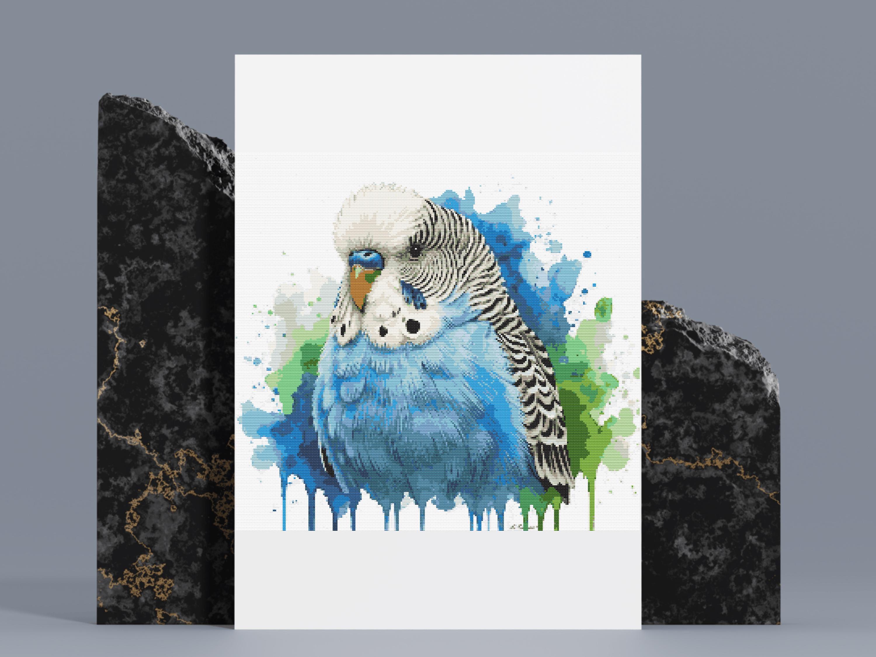 セキセイインコのクロスステッチパターン：水彩画風の鳥の刺繍（PDF