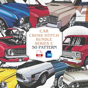 Könnte beinhalten: Eine Sammlung von klassischen Auto-Designs als Kreuzstichmuster. Das Bild zeigt verschiedene Oldtimer in Rot, Blau, Beige und Silber. Die zentrale Grafik lautet "Car Cross Stitch Bundle Series C 50 Pattern" mit PDF- und SVG-Symbolen.