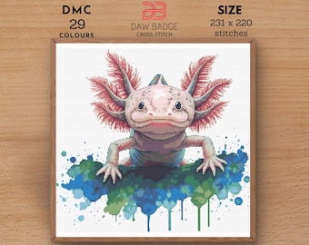 Patrón de punto de cruz de acuarela de ajolote: Diseño de reptil (PDF)