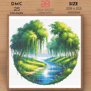 以下が含まれることがあります： 青い川が緑の森の中を蛇行する円形の風景のクロスステッチパターン。パターンは25色を使用し、229 x 212ステッチです。