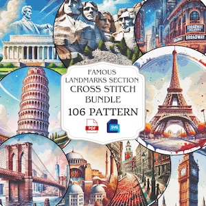 May include: A collection of 106 cross stitch patterns featuring famous landmarks from around the world. The patterns are available in PDF and SVG formats. The image shows a variety of landmarks, including the Eiffel Tower, the Statue of Liberty, the Leaning Tower of Pisa, and the Taj Mahal.