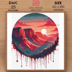 May include: Cross-stitch pattern of a canyon landscape in a circular design. The artwork features red, orange, and blue hues, with a setting sun and dripping paint effect. The design is 211 x 250 stitches.