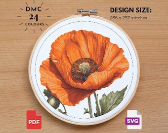 Orange Poppy Cross Stitch Pattern: Floral Garden Design (PDF, SVG)