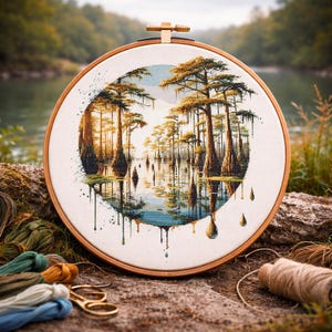 Cypress Swamp Cross Stitch Pattern: Watercolor Landscape (PDF)