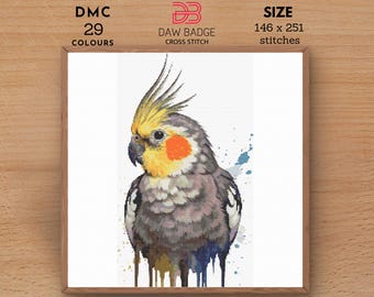 オカメインコのクロスステッチ パターン - リアルな鳥の刺繍デザイン