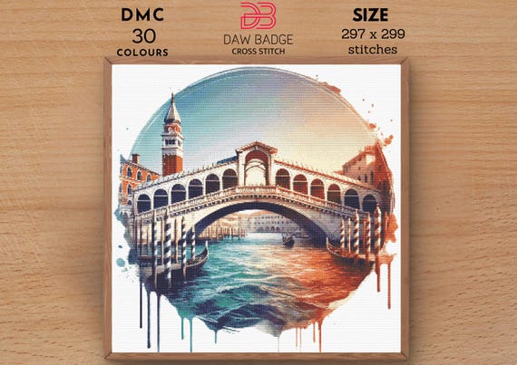 Rialto Bridge Cross Stitch Pattern: Venice Landmark, Watercolor Embroidery (PDF)