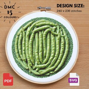 May include: Cross-stitch embroidery hoop featuring a detailed design of green beans. The design includes 15 colors and measures 240 x 236 stitches. The image also includes the text "DMC" and "PDF" and "SVG" icons.