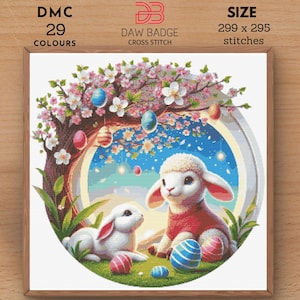 Lamb and Bunny Happy Easter Cross Stitch Pattern PDF Designs, Easter Bunny Egg Embroidery Pattern