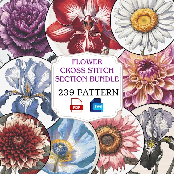 Floral Cross Stitch Pattern Bundle: Flower Embroidery Designs (PDF, SVG)