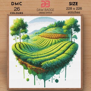 Peut inclure: Un motif de point de croix représentant une plantation de thé vert avec un effet aquarelle. Le motif mesure 228 x 226 points et utilise 26 couleurs.