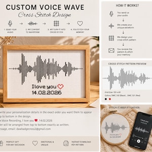 May include: A framed cross-stitch design featuring a black and white waveform pattern, with the text "I love you" and the date "14.02.2026". The design is displayed in a wooden frame. The image also shows a phone displaying the same design.