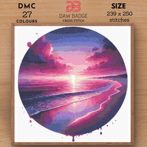 May include: Cross-stitch pattern of a sunset beach scene in a circular frame. The artwork features a vibrant color palette of pinks, purples, and blues, with a detailed depiction of the ocean, clouds, and shoreline. The size is 239 x 250 stitches.