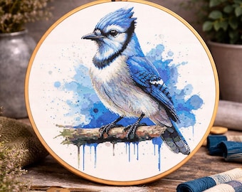 Blue Jay Watercolor Cross Stitch Pattern: Large Bird Embroidery (PDF)