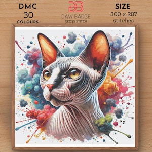 Sphynx Cat Cross Stitch Pattern: Watercolor Animal Embroidery (PDF)