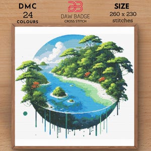May include: Cross stitch pattern of a blue and green island with a river flowing through it. The island is surrounded by a white background with blue and green paint drips. The pattern is 260 x 230 stitches and uses 24 colors.