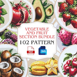 May include: A collection of 102 embroidery patterns featuring various fruits and vegetables. The patterns are available in PDF and SVG formats. The image shows a variety of fruits and vegetables, including strawberries, avocados, pomegranates, dragon fruit, coconuts, and starfruit.